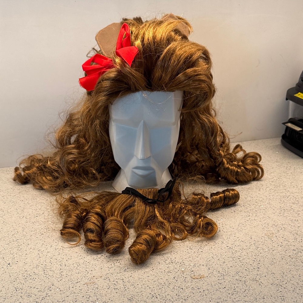 Cowardly Lion Curly Hair Wig with Red Bow along with beard costume - Picture 5 of 6